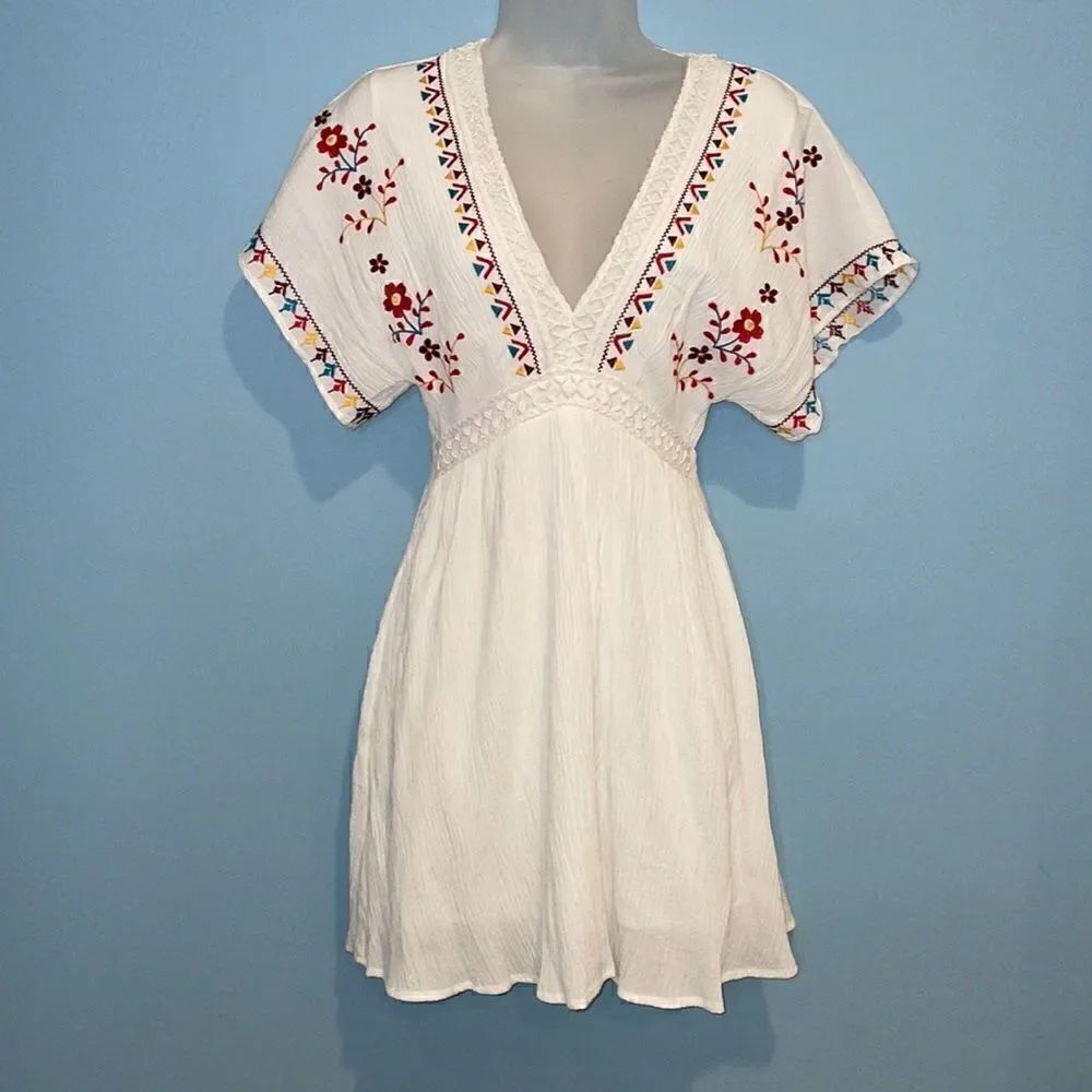 Blue Pair Dress Boho Floral Embroidered Mini  Romantic Dress